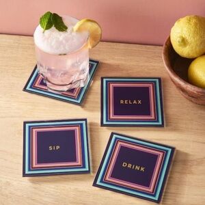 NWT Trina Turk Glass Coasters Set Of 4 Purple Art Deco Sip Drink Cheers Relax